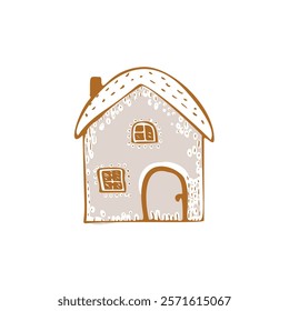 Whimsical snowy cottage door icon with december festive Christmas motif . Winter holiday social media cute hand drawn festive home card design element. 