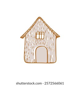 Whimsical snowy cottage door icon with december festive Christmas motif . Winter holiday social media cute hand drawn festive home card design element. 