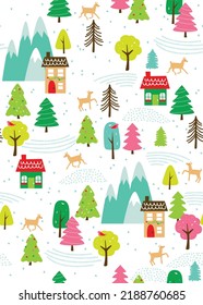 A whimsical, snowy village celebrating the winter holidays. This festive vector pattern repeats seamlessly and is perfect for Christmas surface designs.