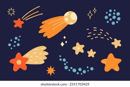 Whimsical space elements: stars, comets, and dotted patterns in colorful night sky.