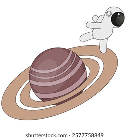 Whimsical Space Exploring art. Astronaut on the Saturn rings. Funny Space vector illustration isolated white background. EPS 10 