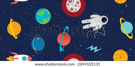 Whimsical Space Pattern with Planets, Astronauts, Rockets