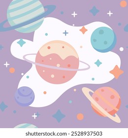 Whimsical space pattern with planets, flat design blue background