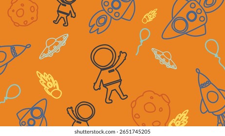 Ilustração temática espacial fascinante com astronautas, foguetes, planetas e estrelas em um fundo laranja. Ideal para projetos infantis e projetos temáticos cósmicos.