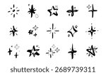 Whimsical sparkle stars doodle set. Shiny and glitter line elements in hand drawn crayon sketch style. Scribble outline vector illustration