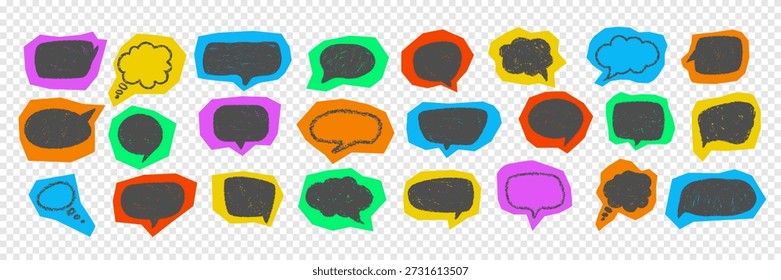 Coleção de adesivos de balão de fala extravagante. Formas de balão de texto de giz de cera instável. Elementos cômicos expressivos para conversas, citações, notas, colagem, planejador, design educacional, scrapbooking