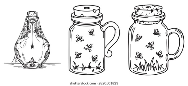 Whimsical Spider Web Potion Bottle With Two Firefly Mason Jar Lanterns And Glowing Bugs Grass Magic Coloring Page For Adults