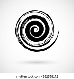 Whimsical spiral symbol. Hand painted with ink watercolor brush. Modern swirling blob button. Decorative circular coil ornament. Radial rotation snail. Graphic design element. Vector illustration