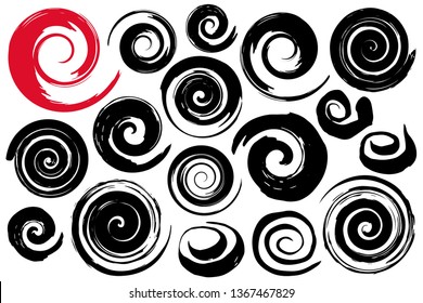 Whimsical spiral symbols set hand painted with ink watercolor brush. Modern swirling blob button. Decorative circular coil ornament. Radial rotation snail. Graphic design element. Vector illustration.