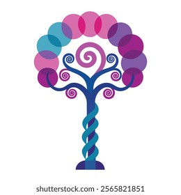 Whimsical Spiral Trunk Tree in Vector Flat Style with Colorful Circular Leaves