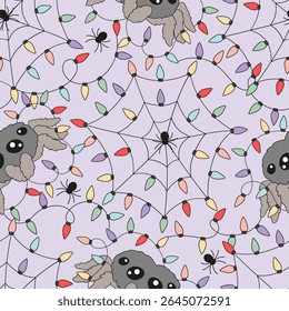 Whimsical Spooky Halloween Christmas Fusion vector Seamless Pattern with festive Garland Cobwebs and Cute Spiders. Ideal for quirky holiday decor, festive wrapping paper, party invitations, and creepy