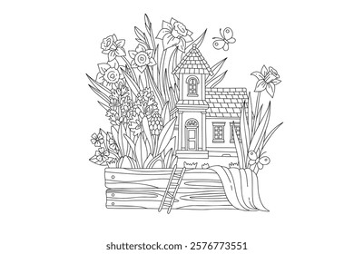 Whimsical Spring Cottage Surrounded by Daffodils and Flowers for Coloring. Coloring page