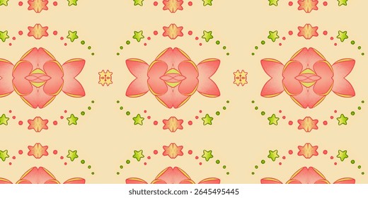 Whimsical spring floral pattern in pastel tones with pink, green, and yellow abstract blossoms and stars, ideal for fabric or spring decor. Spring, floral, pastel, whimsical, pattern.