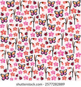 Whimsical spring pattern with adorable ladybugs and pretty butterflies