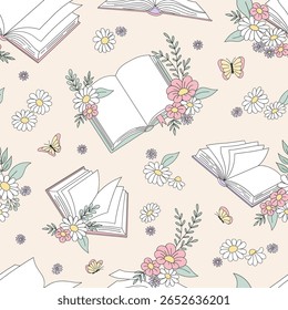 Vetor de leitura de primavera Whimsical Padrão sem emenda com livros abertos adornados por buquês de flores silvestres e borboletas em estilo desenhado à mão vintage. Perfeito para tecido, capas de livros, papéis de parede, artigos de papelaria