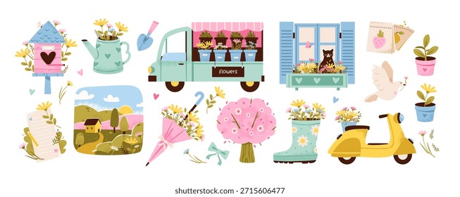 Primavera encantadora com flores de jardim e elementos botânicos aconchegantes, plantas e detalhes rústicos ao ar livre. Jardinagem de primavera e vida no campo. Ilustração de vetor de pastel.