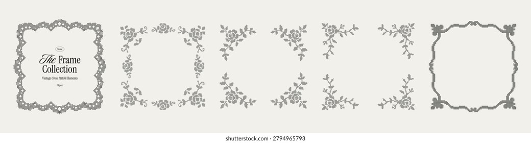 Whimsical square cross stitch frame collection, floral corner borders. Ornate embroidered labels and decorative frames for wedding invitations, birthday cards, certificates and stationery.