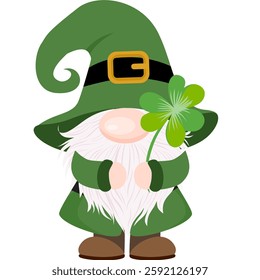 Whimsical St. Patrick's Day gnome holding a shamrock. The gnome wears a tall green hat with a gold buckle. Great for greeting cards, stickers, and festive art.