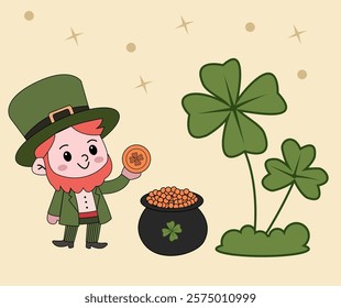 Whimsical St Patricks Day illustration with a leprechaun, clovers, and a pot of treasure for holiday greeting cards or themed banners.