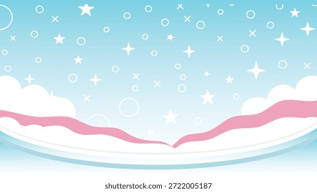 Whimsical starry night sky with pink wavy clouds and white fluffy clouds on a serene blue background with sparkling stars and circles with dreamy and peaceful and calm