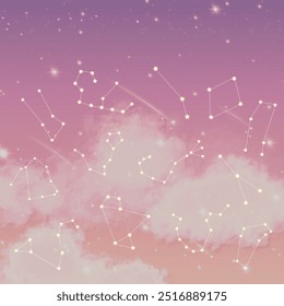 Céu estrelado caprichoso com constelações sobre nuvens suaves e cor-de-rosa, criando uma cena noturna de sonho. Perfeito para desenhos com temas celestes, planos de fundo ou ilustrações inspiradas em astrologia.