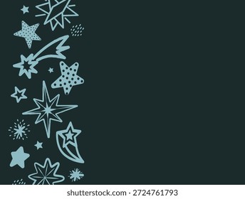 Caprichoso cielo estrellado con varios garabatos de estrellas dibujados a mano en un arreglo juguetón. Esta Ilustración vectorial presenta estrellas fugaces, patrones de estrellas únicos y un fondo azul sereno.