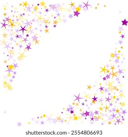 Whimsical stars outburst vector background. Party decor elements in purple yellow colors. Flickering star shapes pattern. Serenity concept. Glimmer brightness.