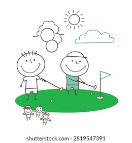 A whimsical stick figure drawing showing two people golfing on a green with a flag and sun in the background.