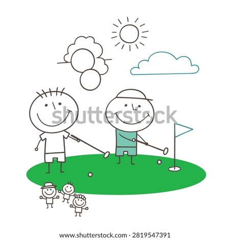 A whimsical stick figure drawing showing two people golfing on a green with a flag and sun in the background.