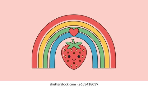 A whimsical strawberry delights underneath a colorful rainbow with a tiny heart above its head
