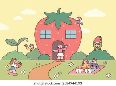 Whimsical strawberry house with happy people enjoying a picnic and harvesting berries. Cute fantasy vector illustration in pastel colors, perfect for children's stories, fairy tales, and farm-themed