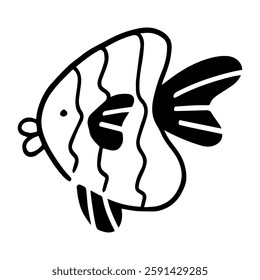 Whimsical Striped Fish Icon: A charming and playful cartoon illustration of a striped fish, rendered in a simple black and white style, perfect for use in design projects and playful communications.