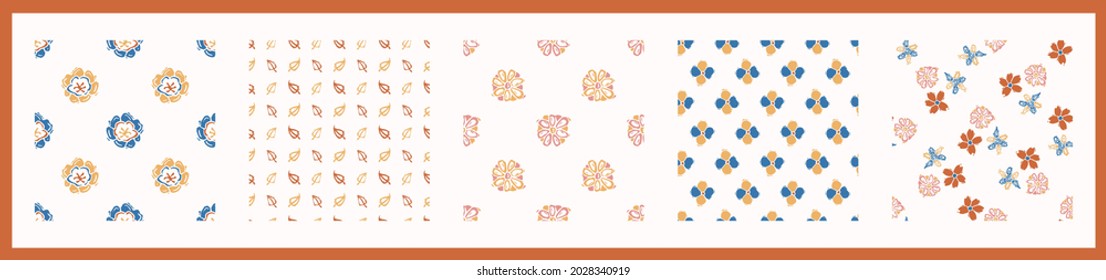 Whimsical style block print flower shape pattern set. Seamless lino cut retro all over print collection. Trendy playful baby nursery decor, scandi fashion, decorative lino cut. Vector swatch.