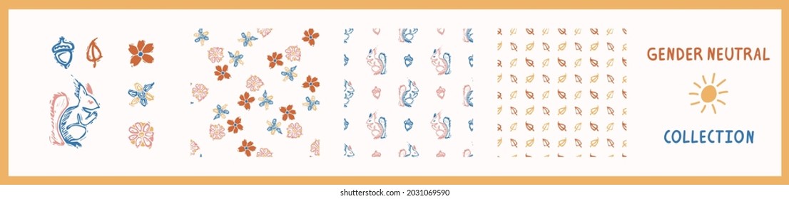 Whimsical style block print shape squirrel pattern set. Seamless lino cut retro all over print collection. Trendy playful baby nursery decor, scandi fashion, decorative lino cut. Vector swatch. 