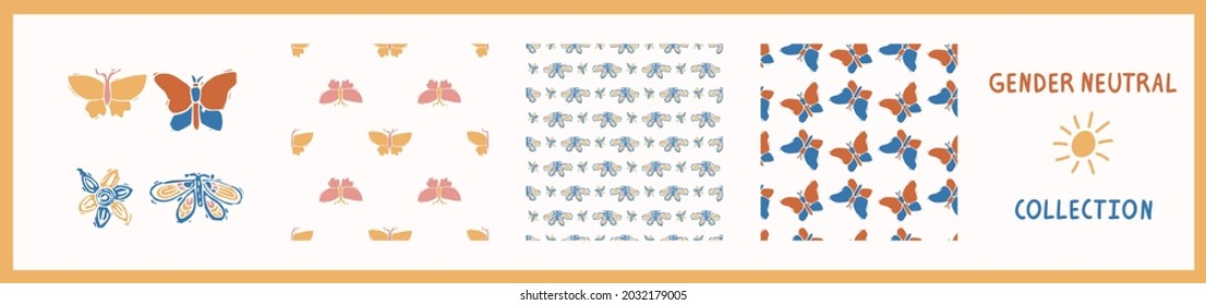 Whimsical style block print shape butterfly pattern set. Seamless lino cut retro all over print collection. Trendy playful baby nursery decor, scandi fashion, decorative lino cut. Vector swatch. 
