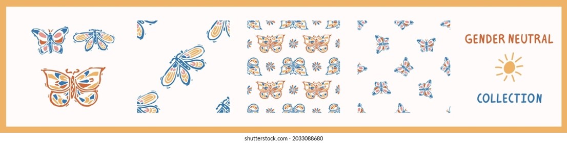 Whimsical style block print shape butterfly pattern set. Seamless lino cut retro all over print collection. Trendy playful baby nursery decor, scandi fashion, decorative lino cut. Vector swatch. 