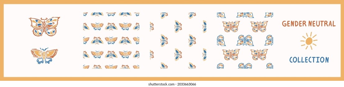 Whimsical style block print shape butterfly pattern set. Seamless lino cut retro all over print collection. Trendy playful baby nursery decor, scandi fashion, decorative lino cut. Vector swatch. 