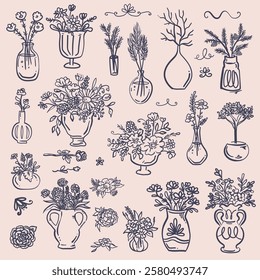 Whimsical Style hand drawn quirky vases bouquets with flowers - vector set