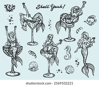 Whimsical style mermaid party hand drawn elements vector set