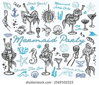 Whimsical style mermaid party hand drawn elements vector set