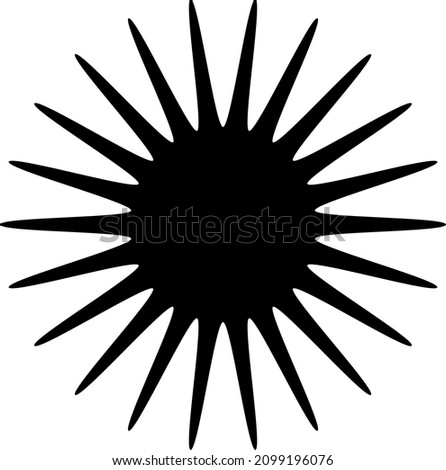Whimsical style, odd sun shape with long narrow sun beams. Black design element. Transparent background. Abstract vector illustration, eps 10.