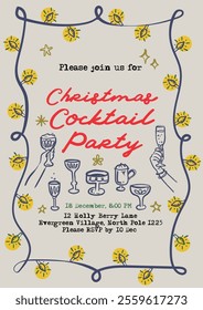 Whimsical style vector Chrismtas Cocktail Party invitation