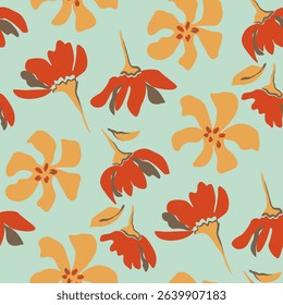 Whimsical stylized floral pattern, Seamless design with hand drawn groovy flowers for textile, home decor  