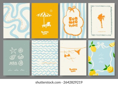 Whimsical Summer abstract Mediterranean banner, poster, card template set with swimsuit, palm tree, shells, waves, lemons. Modern trendy design for branding, ads, print, decor