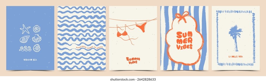 Whimsical Summer abstract Mediterranean poster, card template with swimsuit, palm tree, shells, waves. Modern trendy design for branding, ads, print, decor