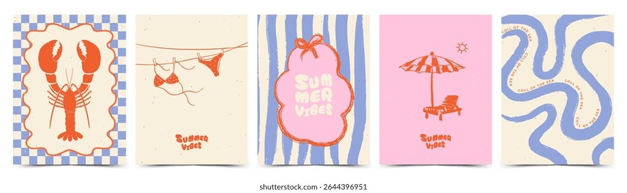 Whimsical Summer abstract Mediterranean poster, card template with lobster, beach chair with umbrella, sea, swimsuit. Modern trendy design for branding, ads, print, decor	
