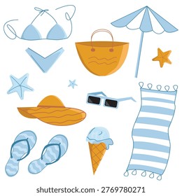 Whimsical Summer Beach Essentials Vector Set – Swimwear, Beach Bag, Umbrella, Flip Flops, Sunglasses, Ice Cream and Towel in soft blue, flat Illustration Collection