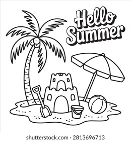 Whimsical summer beach scene with sandcastle and palm tree