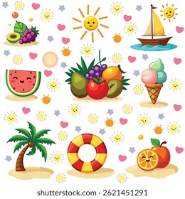Whimsical summer cartoon design filled with cheerful fruits sunshine hearts and beach icons in a playful and happy layout