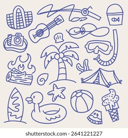 Whimsical summer of doodle set. Vintage Hand drawn vacation objects. vector.